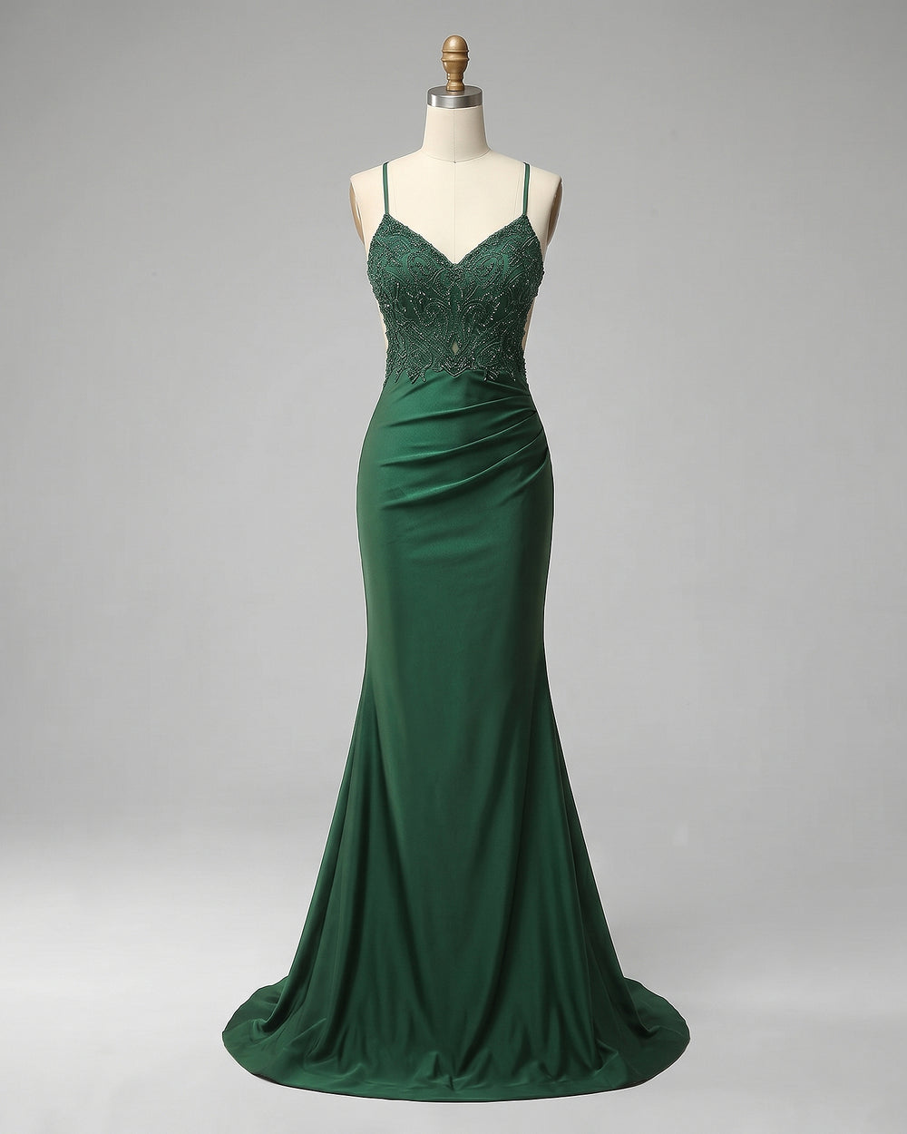 Crisscross-Back Lace-Applique Stretch Satin Mermaid Prom Dress