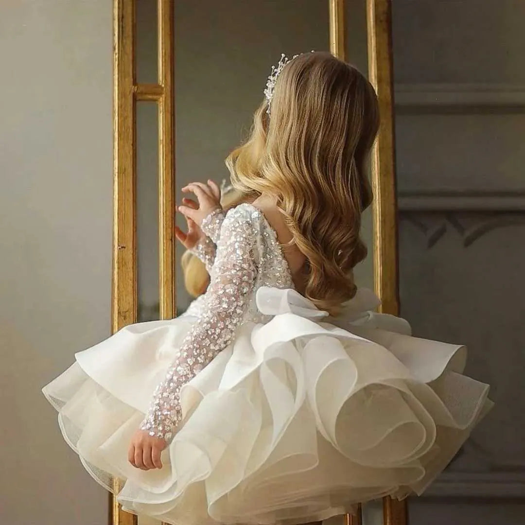 White Long Sleeves Sparkling Sequin Flower Girl Dresses