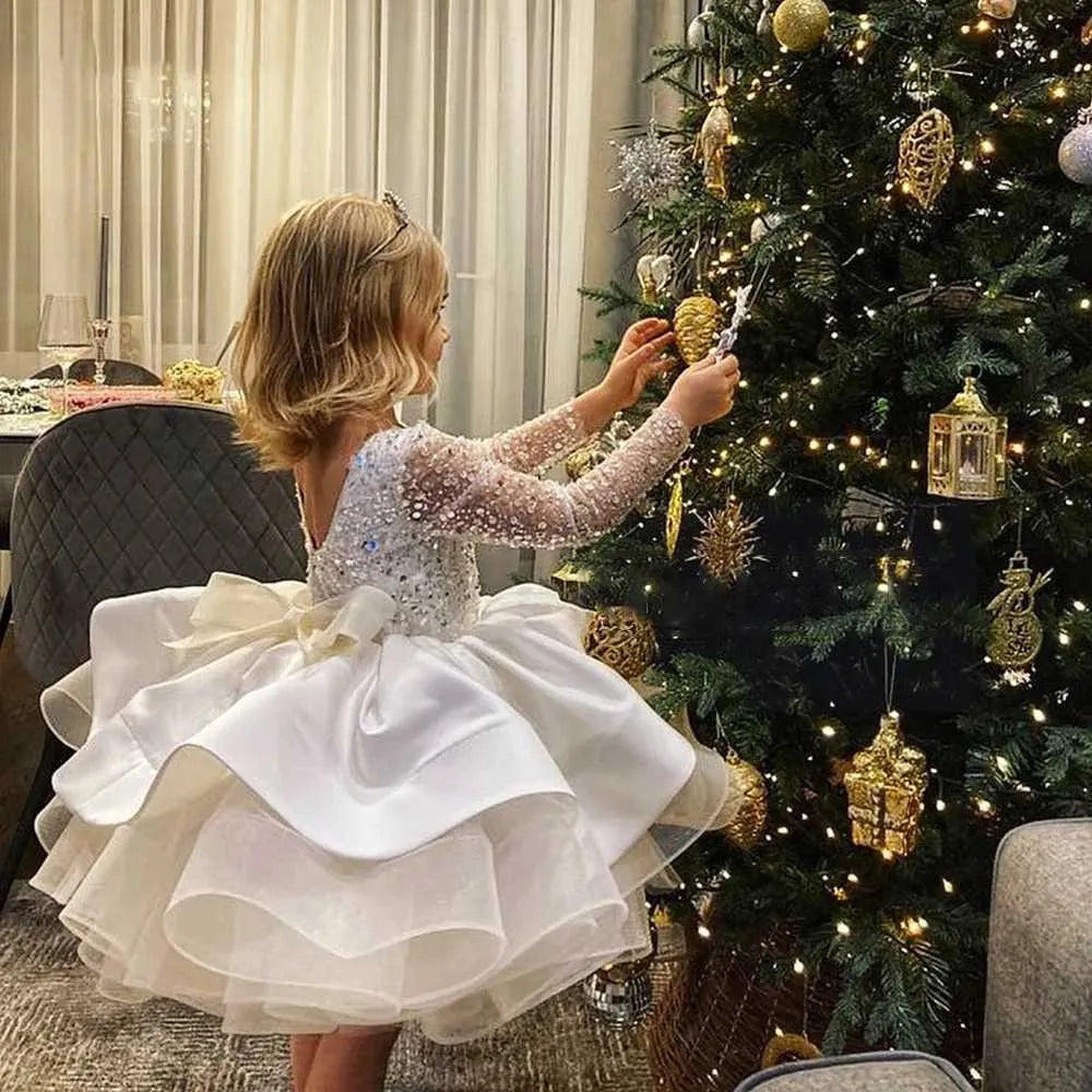 White Long Sleeves Sparkling Sequin Flower Girl Dresses