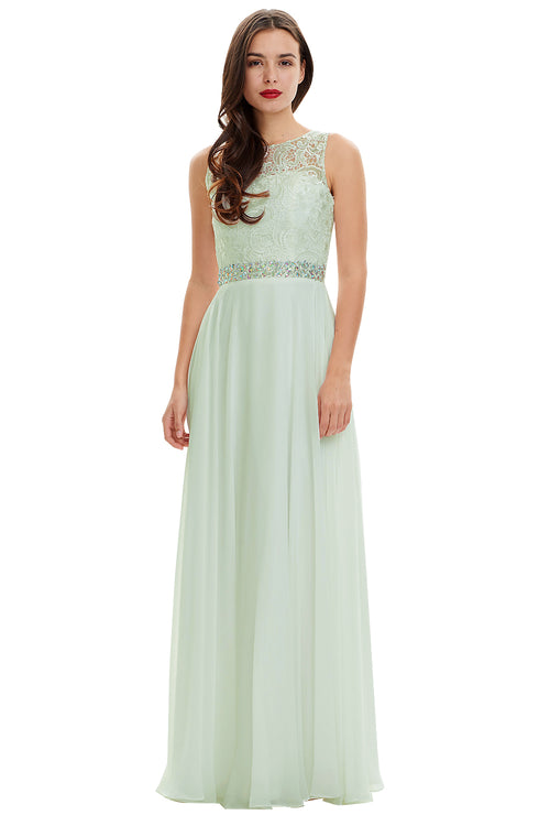 Mint Green Lace and Chiffon A-Line Bridesmaid Dress with Illusion Neckline