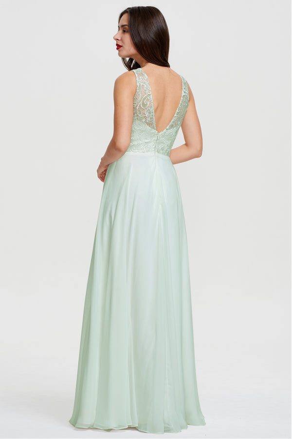 Mint Green Lace and Chiffon A-Line Bridesmaid Dress with Illusion Neckline