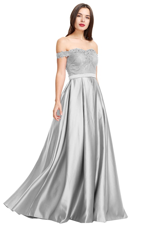 Silver Pleated Off-the-Shoulder Lace and Satin A-Line Prom Dress