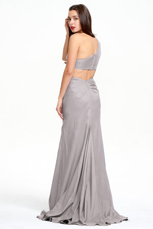 One-Shoulder Stretch Satin Sheath Evening Gown with Ruffle Slit and Back Cutout