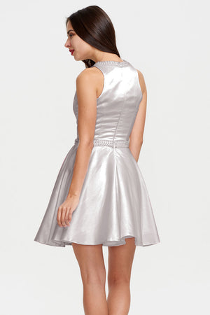 Silver High-Neck Satin A-Line Short Homecoming Dress