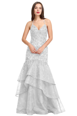 Silver Lace-Applique Tulle Mermaid Prom Dress with Tiered Ruffles