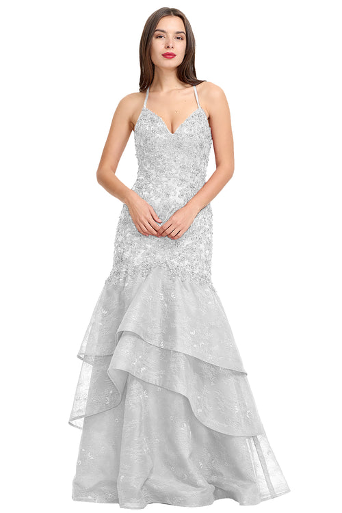Silver Lace-Applique Tulle Mermaid Prom Dress with Tiered Ruffles