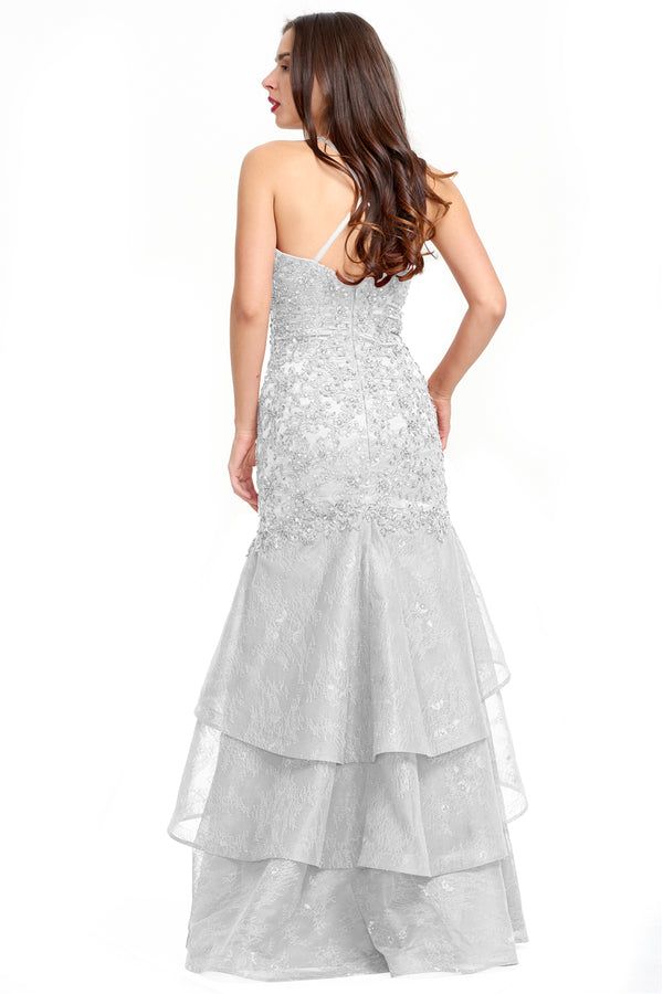 Silver Lace-Applique Tulle Mermaid Prom Dress with Tiered Ruffles