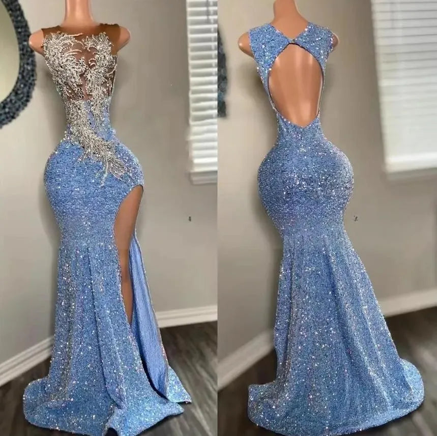 Round Neck Sleeveless Backless Rhinestone Appliques Slit Blue Evening Dress