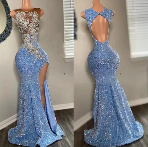 Round Neck Sleeveless Backless Rhinestone Appliques Slit Blue Evening Dress
