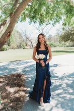 Off-Shoulder Sparkly Beaded Mermaid Long Satin Prom Dress with Slit