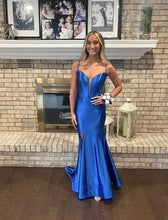 Spaghetti Strap V-Neck Mermaid Satin Bule Prom Dress with Slit