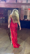 Spaghetti Straps Sequins Appliques Slit Long Red Prom Dress