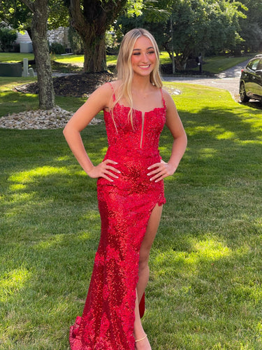 Spaghetti Straps Sequins Appliques Slit Long Red Prom Dress