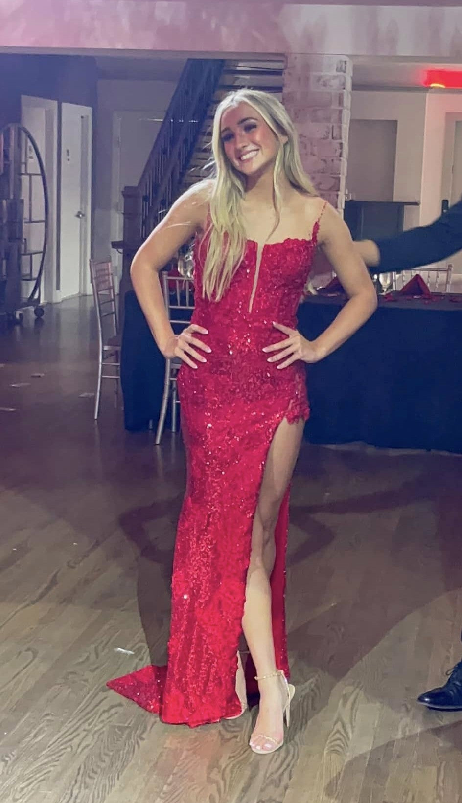 Spaghetti Straps Sequins Appliques Slit Long Red Prom Dress
