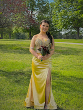 Sweetheart Neckline Diamond Cutout High Slit Yellow Satin Prom Dress