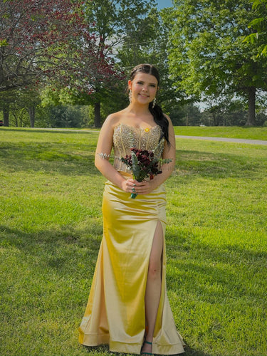 Sweetheart Neckline Diamond Cutout High Slit Yellow Satin Prom Dress