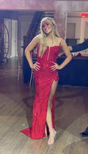 Spaghetti Straps Sequins Appliques Slit Long Red Prom Dress