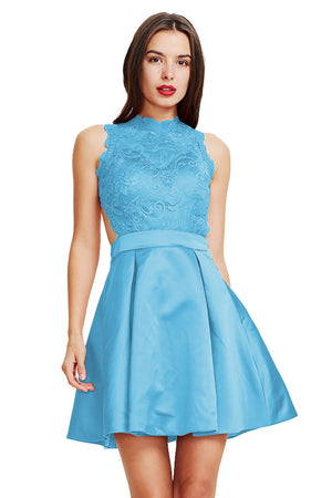 Blue Cutout-Back Pleated Lace and Satin A-Line Short Homecoming Dress