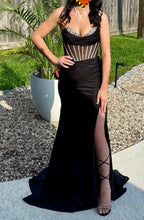 Sweetheart Neckline Sleeveless Beaded Satin Slit Black Prom/Evening Dresses
