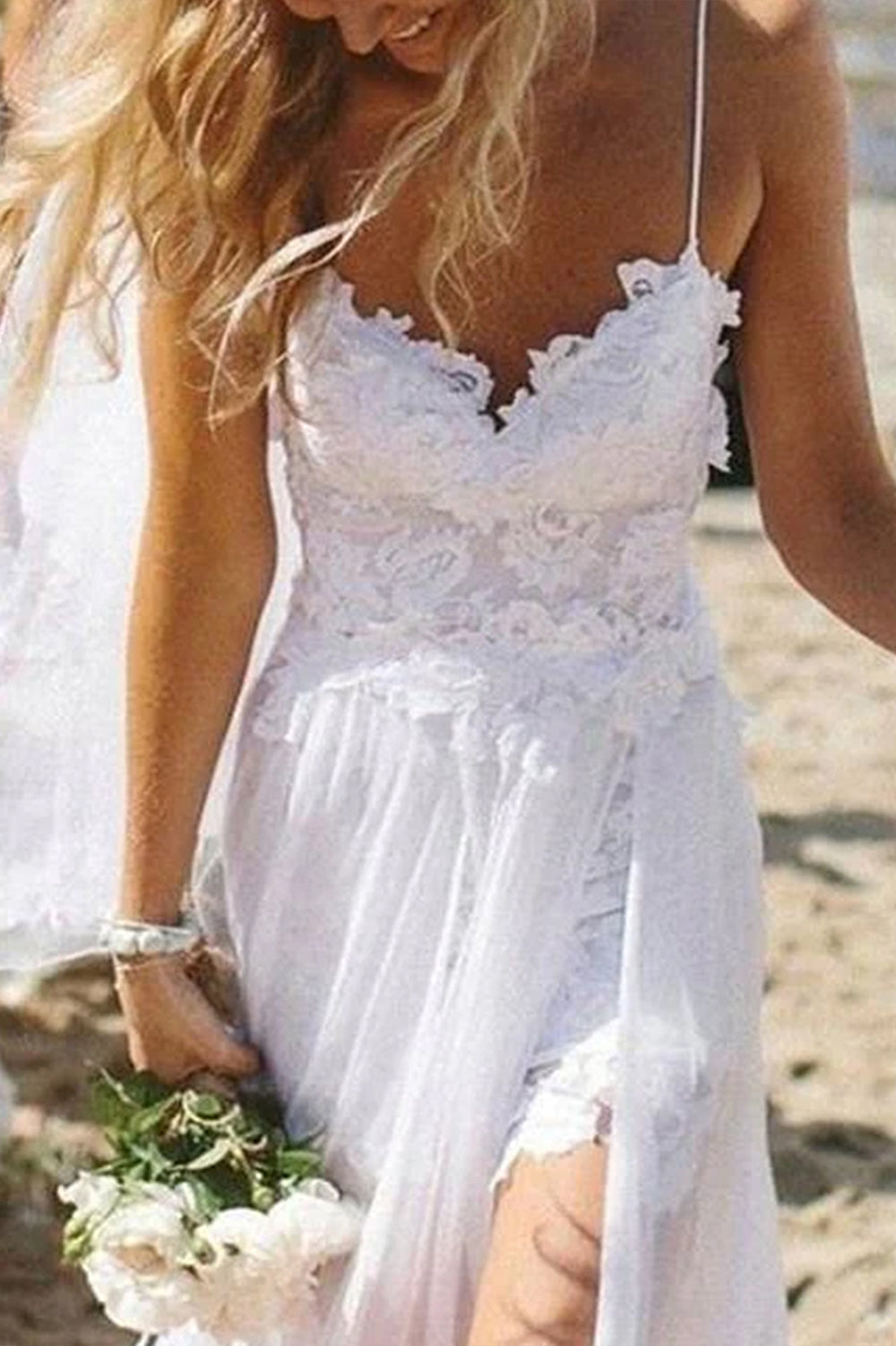 Open-Back Lace and Chiffon A-Line Wedding Dress with High Slit