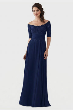 Navy Off-the-Shoulder Lace and Chiffon Mother of the Bride Gown