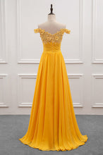 A-Line/Princess Chiffon Floor-Length Off-the-Shoulder Long Prom Dresses with Appliques Lace