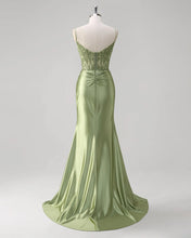 Green Applique Pleated Mermaid Prom Dress