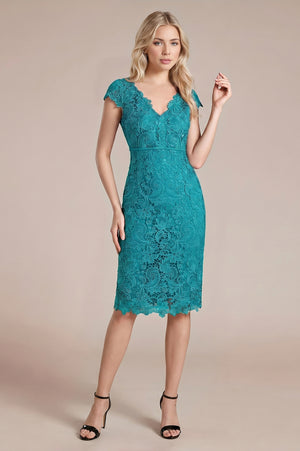 Scalloped-Hem Cap-Sleeve Lace Sheath Mother of the Bride Dress