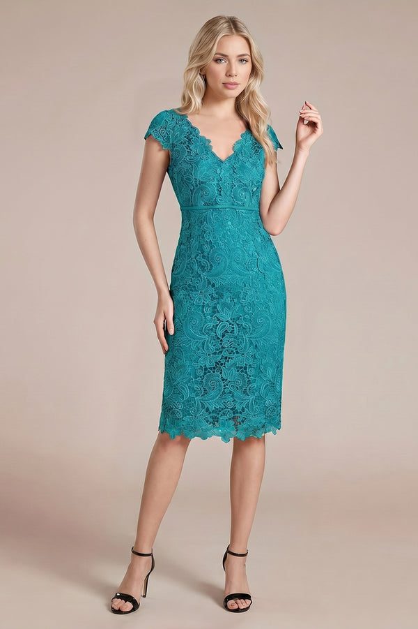 Scalloped-Hem Cap-Sleeve Lace Sheath Mother of the Bride Dress