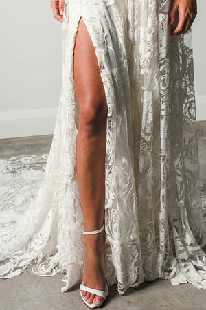 Boho V-Neck Lace A-Line Wedding Dress with High Slit and Train