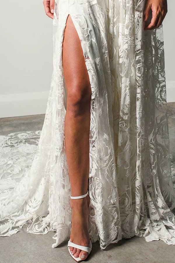 Boho V-Neck Lace A-Line Wedding Dress with High Slit and Train