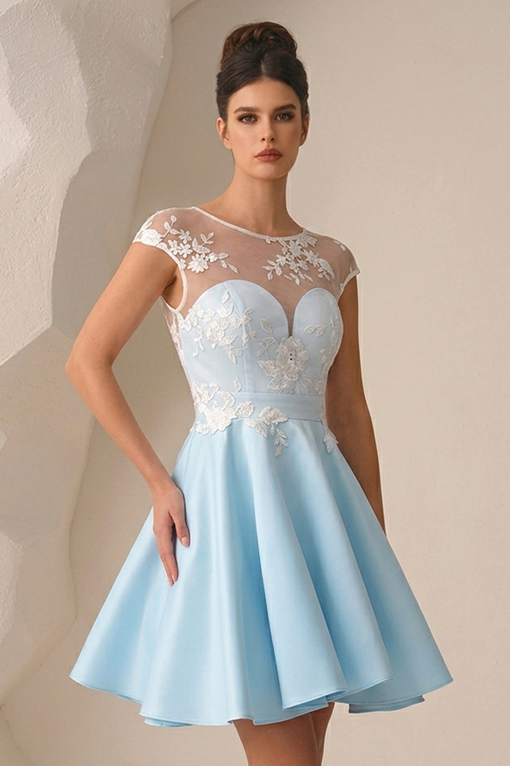 Illusion-Back Lace and Satin A-Line Homecoming Dress