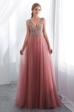 Tulle V-neck  A-line Floor-Length Sleeveless  Prom Dress With Beadings