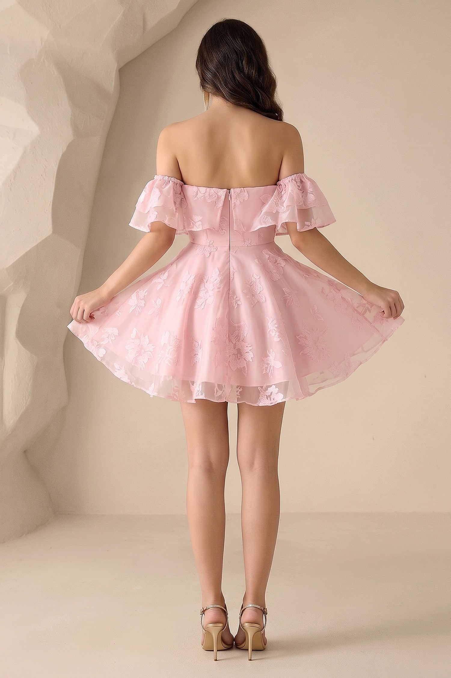 A-Line Off-the-Shoulder Short Pearl Pink Lace Homecoming Dresses