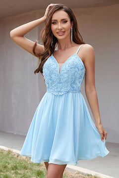 Sky Blue Low-Back Lace-Applique Chiffon A-Line Homecoming Dress