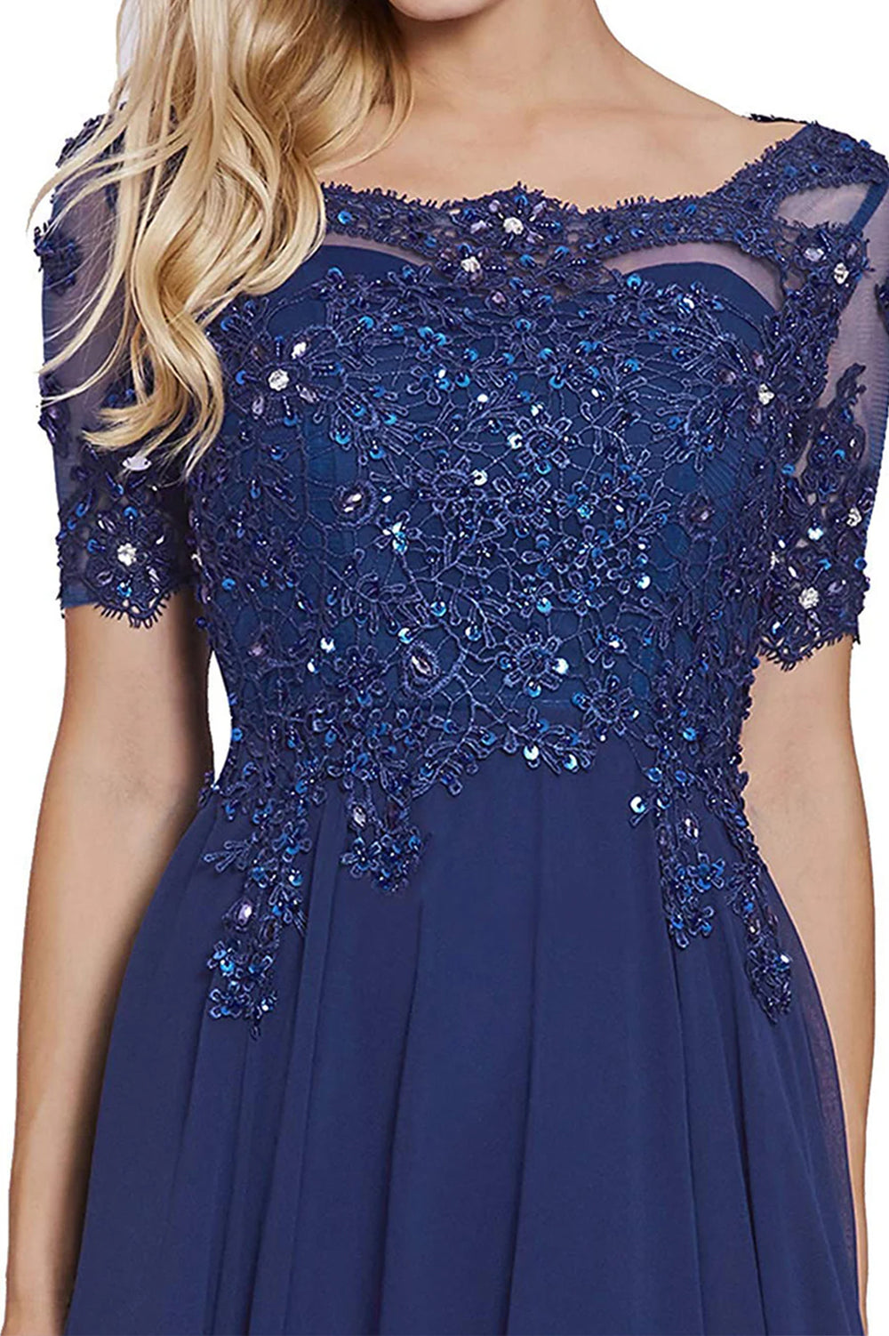 Blue Illusion-Sleeve Lace and Chiffon A-Line Mother of the Bride Gown
