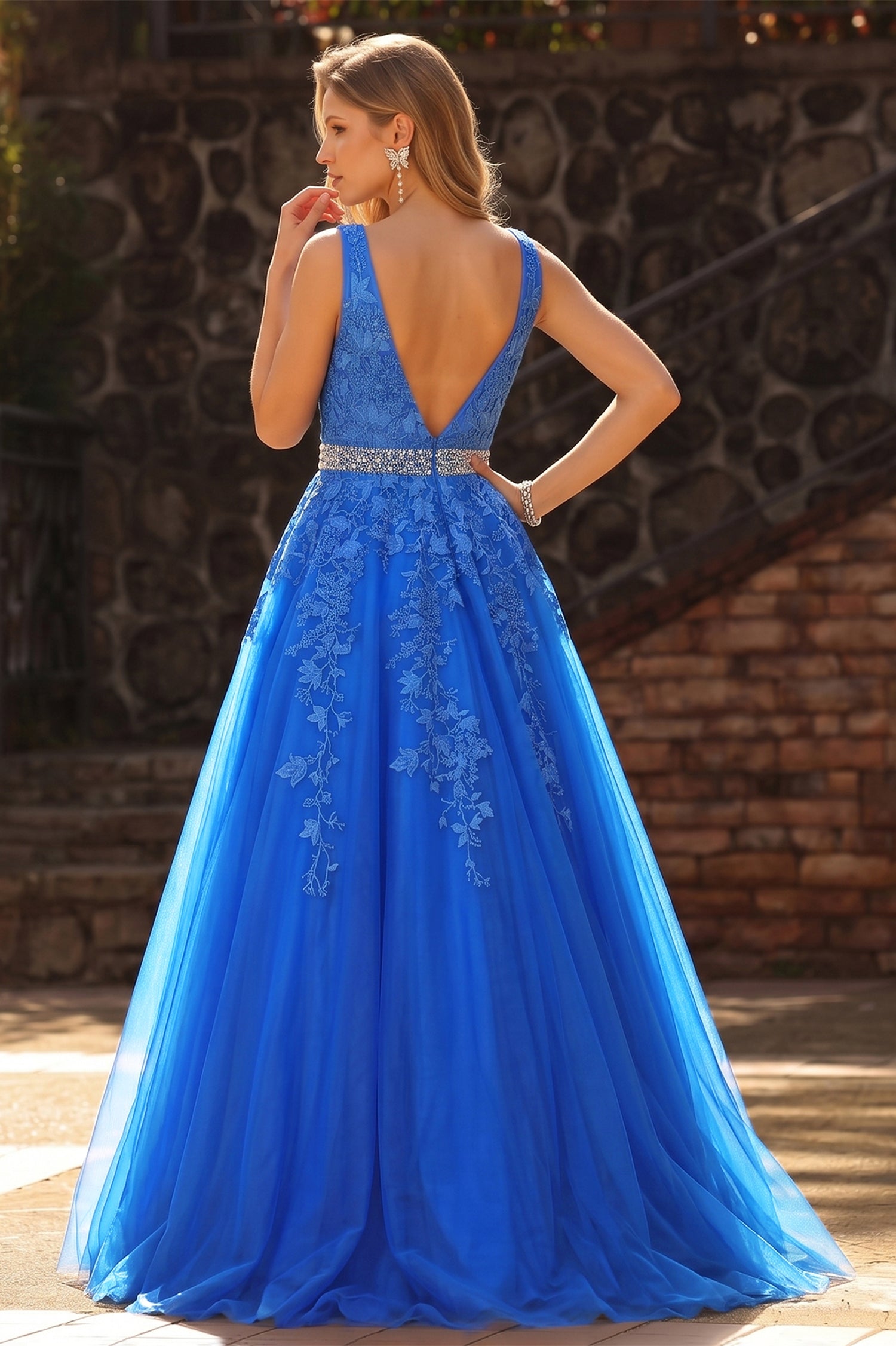 Deep V Neck Sleeveless Long Prom Dress