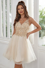 V-Neck Beaded Applique Tulle Short Homecoming Dress with Sheer Mesh Back
