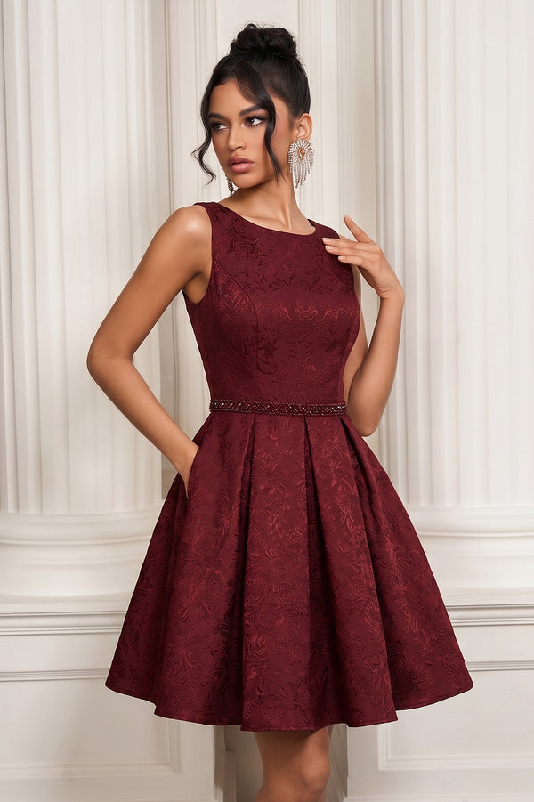 Short Pleated Stretch Satin A-Line Cocktail Dress with Pockets