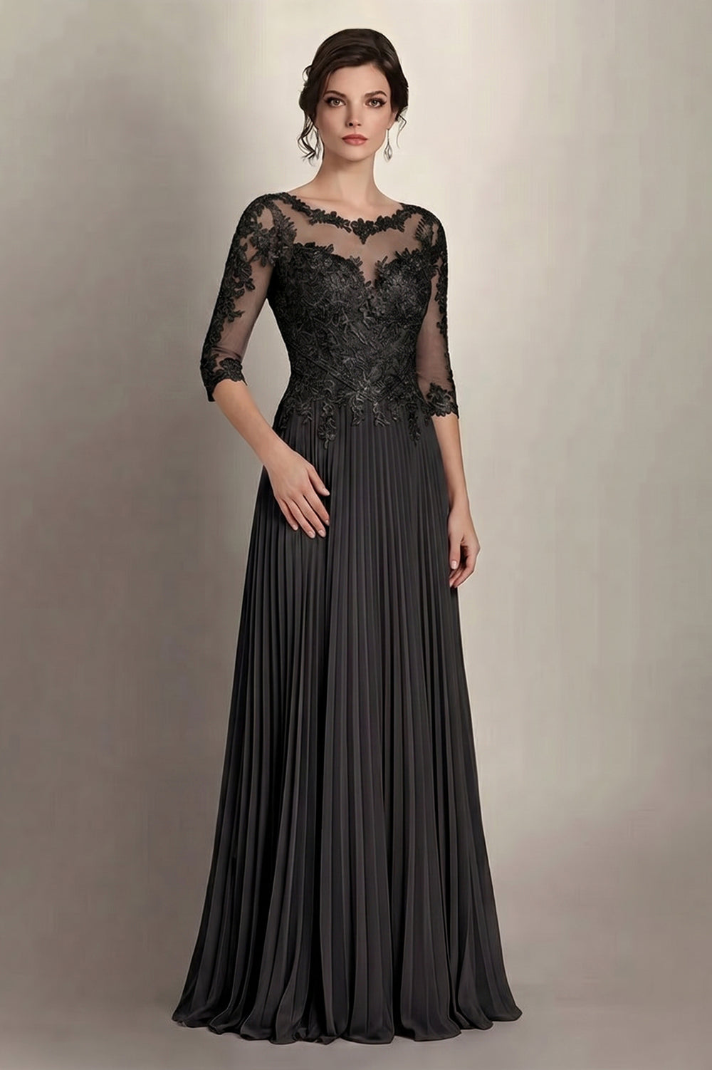 Black 3/4-Sleeve Lace and Pleated Chiffon Mother of the Bride Gown