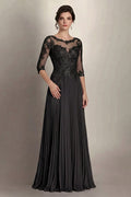 Black 3/4-Sleeve Lace and Pleated Chiffon Mother of the Bride Gown