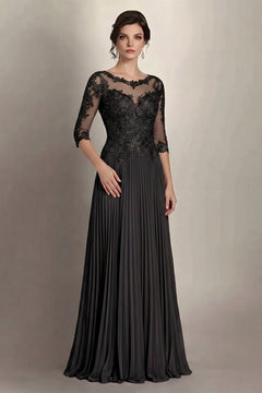 Black 3/4-Sleeve Lace and Pleated Chiffon Mother of the Bride Gown