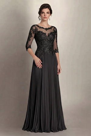 Black 3/4-Sleeve Lace and Pleated Chiffon Mother of the Bride Gown