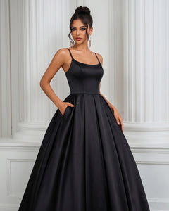 Black Square-Neck Satin A-Line Prom Dress with Lace-Up Back and Pockets