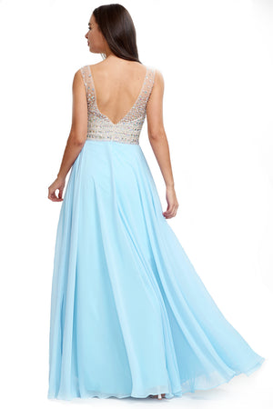 Ivory-Sky Blue Low-Back Beaded V-Neck Chiffon A-Line Prom Dress