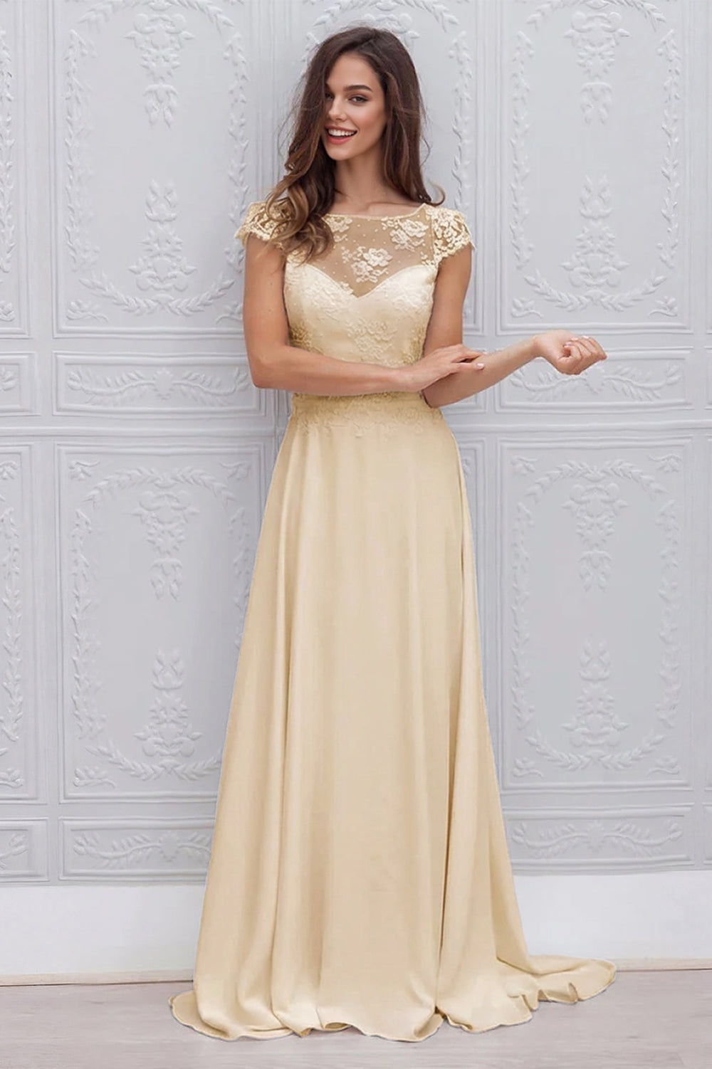 Keyhole-Back Lace and Chiffon A-Line Wedding Dress