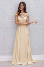 A-Line Cap Sleeves Open Back Lace Chiffon Bridal Wedding Dresses with Sweep Train