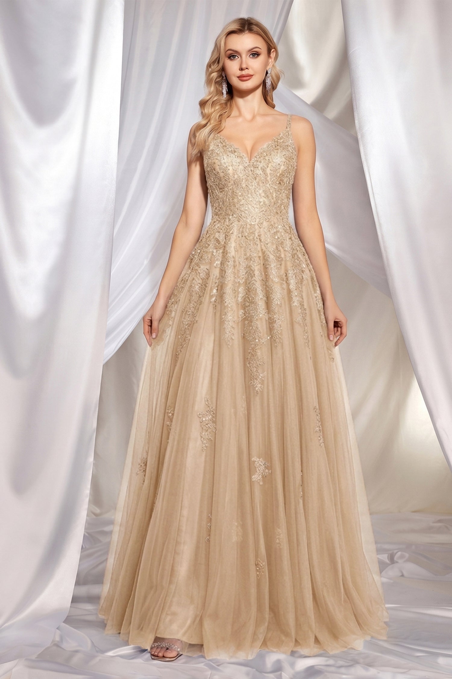 Navy Blue A-Line V-neck Floor-Length Chiffon Prom Dresses With Lace Sequins