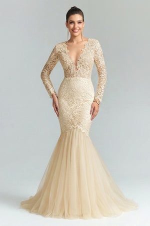 Ivory Long-Sleeve Plunging Lace Mermaid Wedding Dress