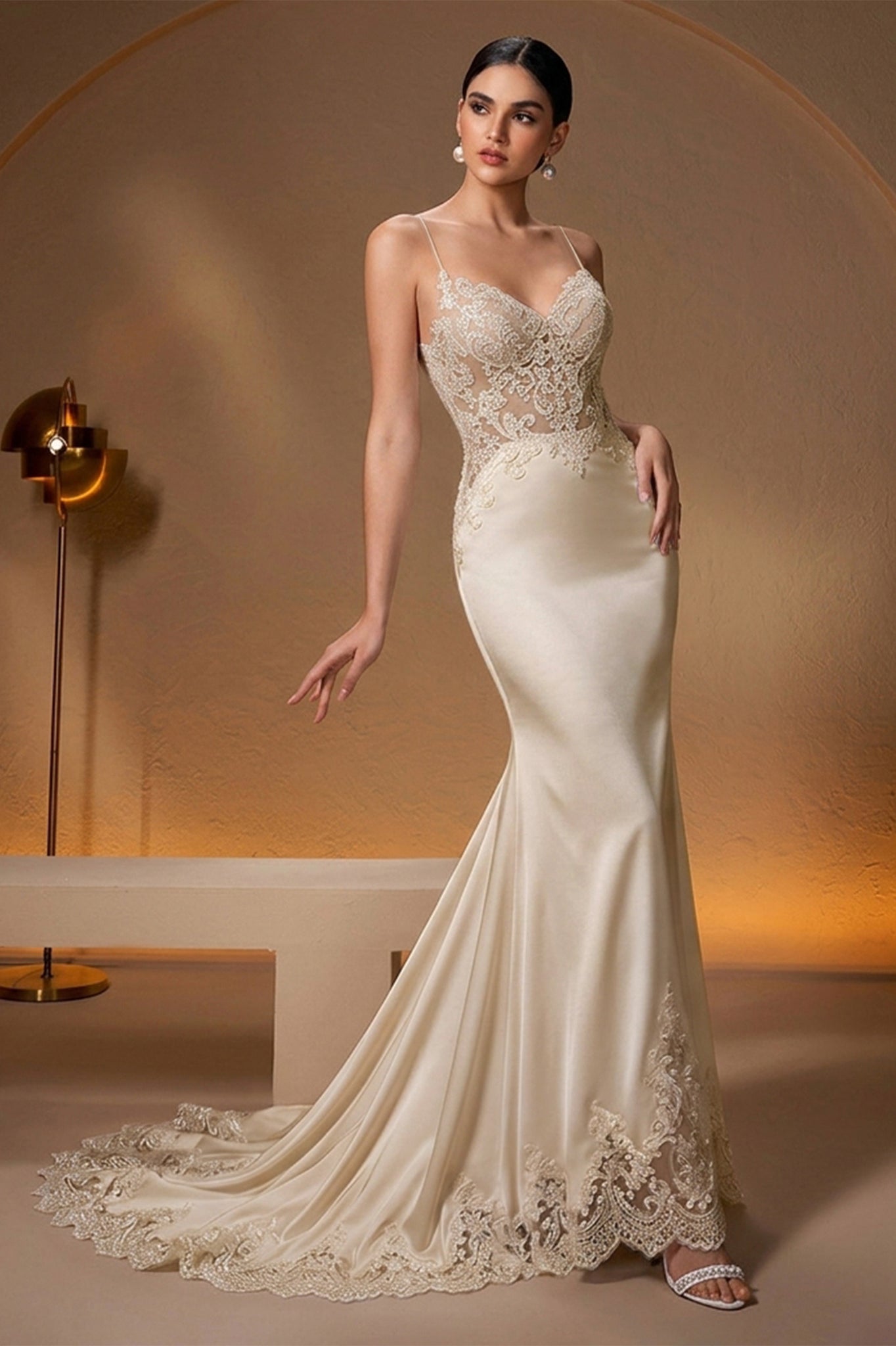 Satin Spaghetti Straps Mermaid Wedding Dresses With Lace Appliques Angrila Satin Spaghetti Straps Mermaid Wedding Dresses With Lace Appliques Angrila
